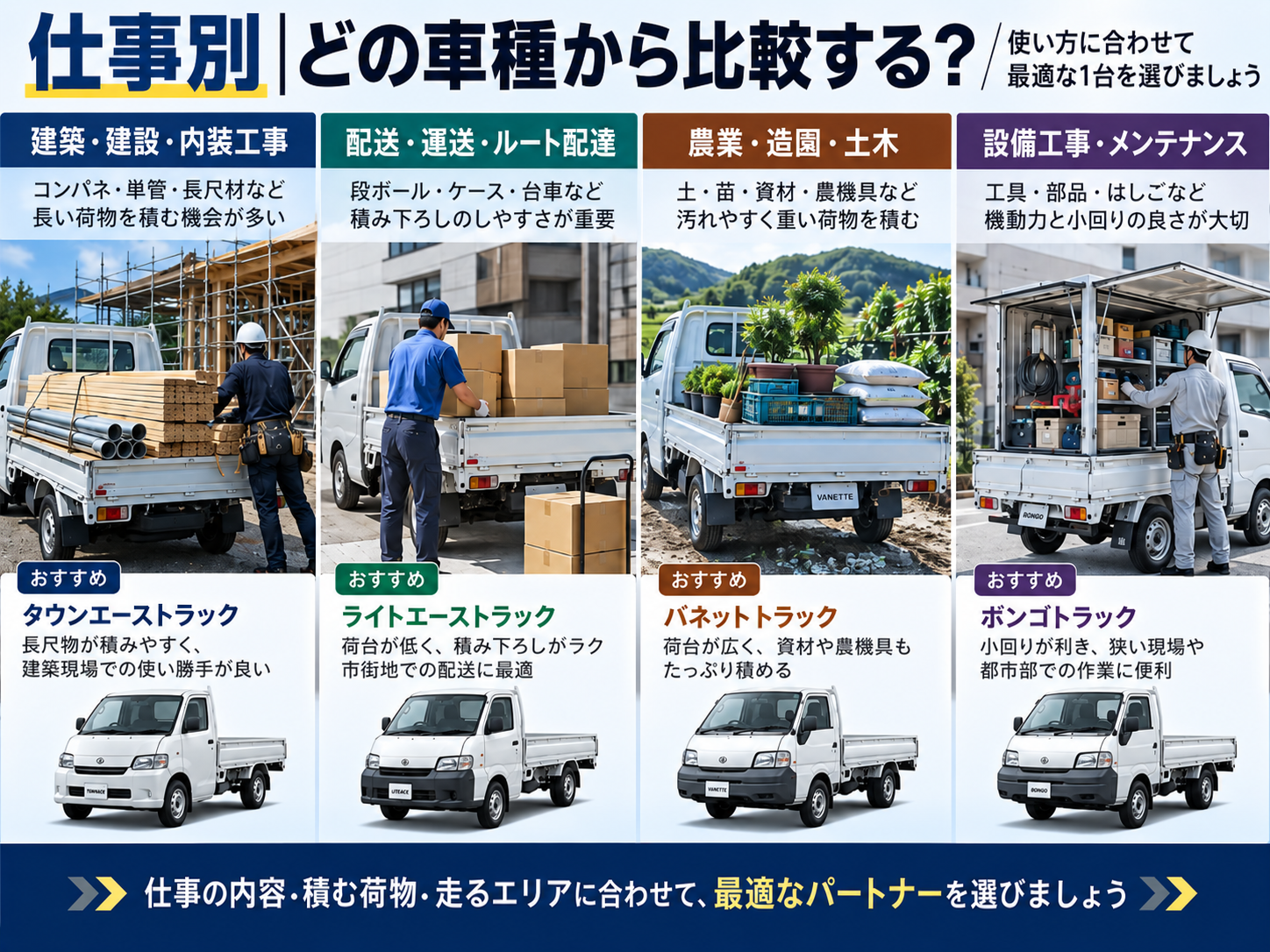 仕事内容・積む荷物・走行環境から小型トラックを比較するイメージ