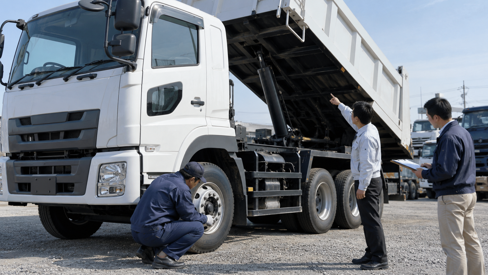 中古大型ダンプの現車確認でタイヤや荷台、油圧装置を確認する様子