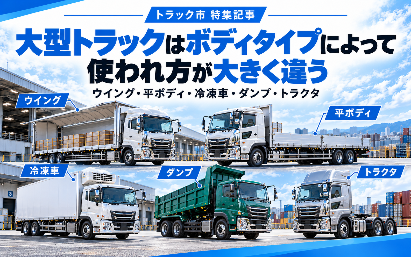 大型トラックの主なボディタイプ ウイング・平ボディ・冷凍車・ダンプ・トラクタ