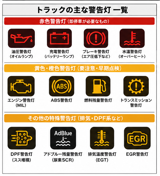 トラックのエンジン警告灯が点灯したら？種類・原因・対処法を一覧で