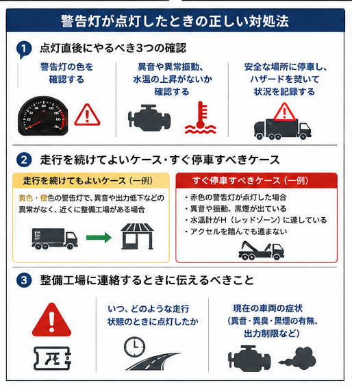 トラックのエンジン警告灯が点灯したら？種類・原因・対処法を一覧で