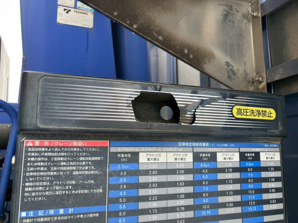 クレーンの操作パネルに穴があります。|三菱 スーパーグレート 2PG-FV70HZの写真21