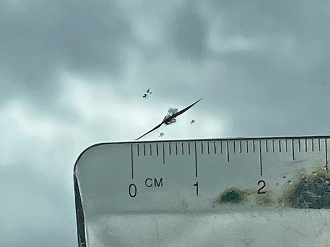 フロントガラス運転席側上部に飛び石跡があります。|いすゞ ギガ QKG-CYJ77Aの写真28
