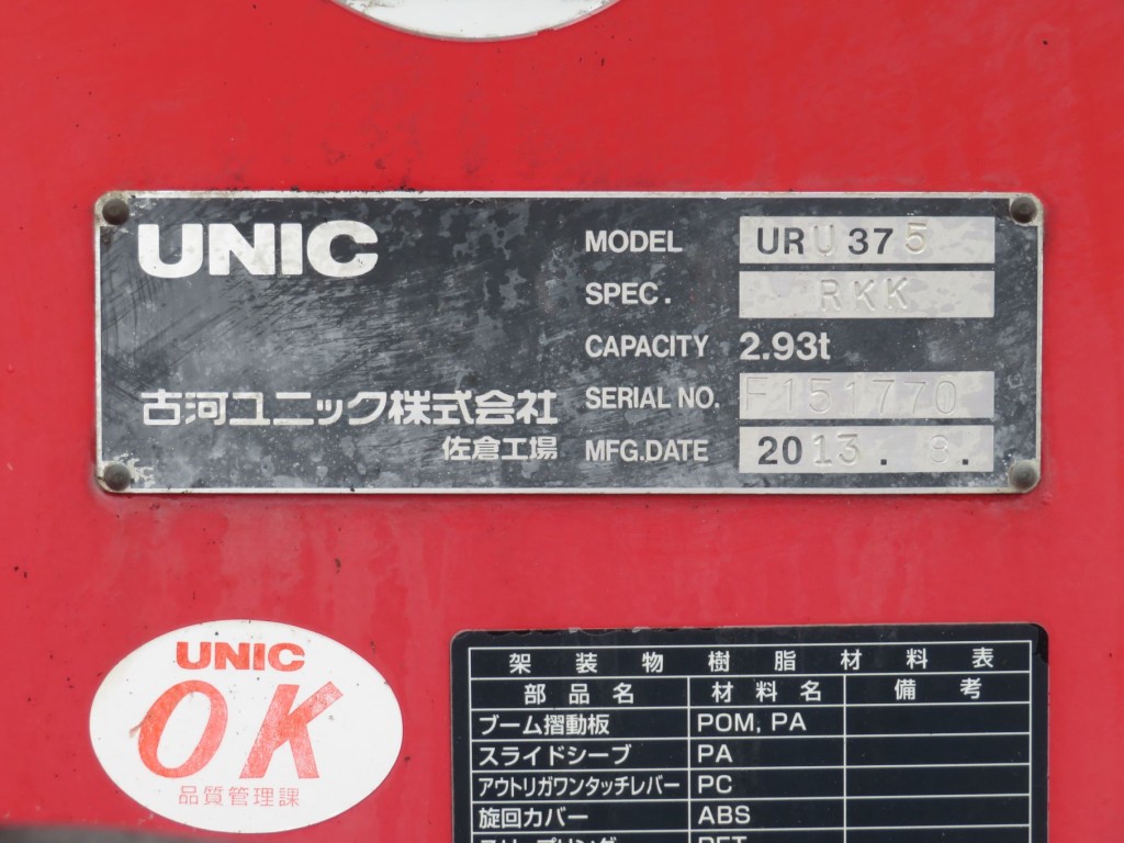 クレーンのプレートです。|三菱 ファイター TKG-FK61F(2WD)の写真28