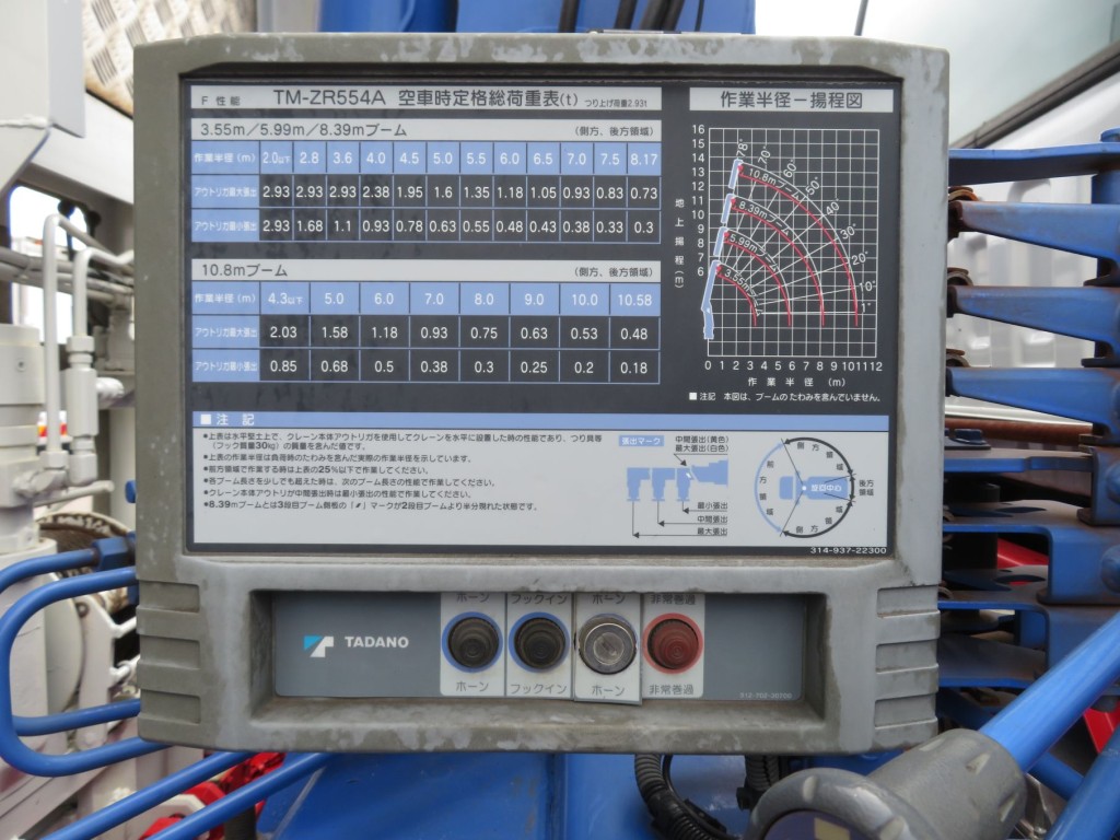 空車時定格総荷重表及び作業半径‐揚程図です。(ホーンボタン部がセキュリティーの鍵穴加工されています)|いすゞ フォワード LDG-FVZ34U2の写真18