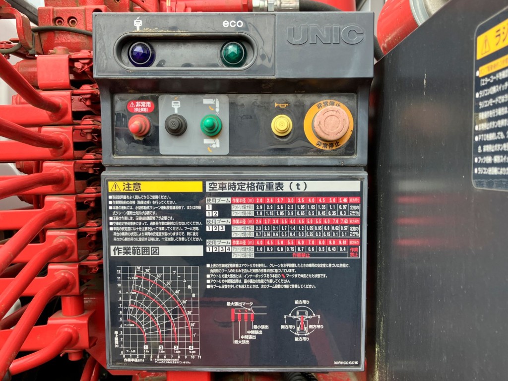 クレーンの操作パネル・定格荷重表及び作業半径図です。|いすゞ フォワード 2RG-FRR90S2(2WD)の写真17