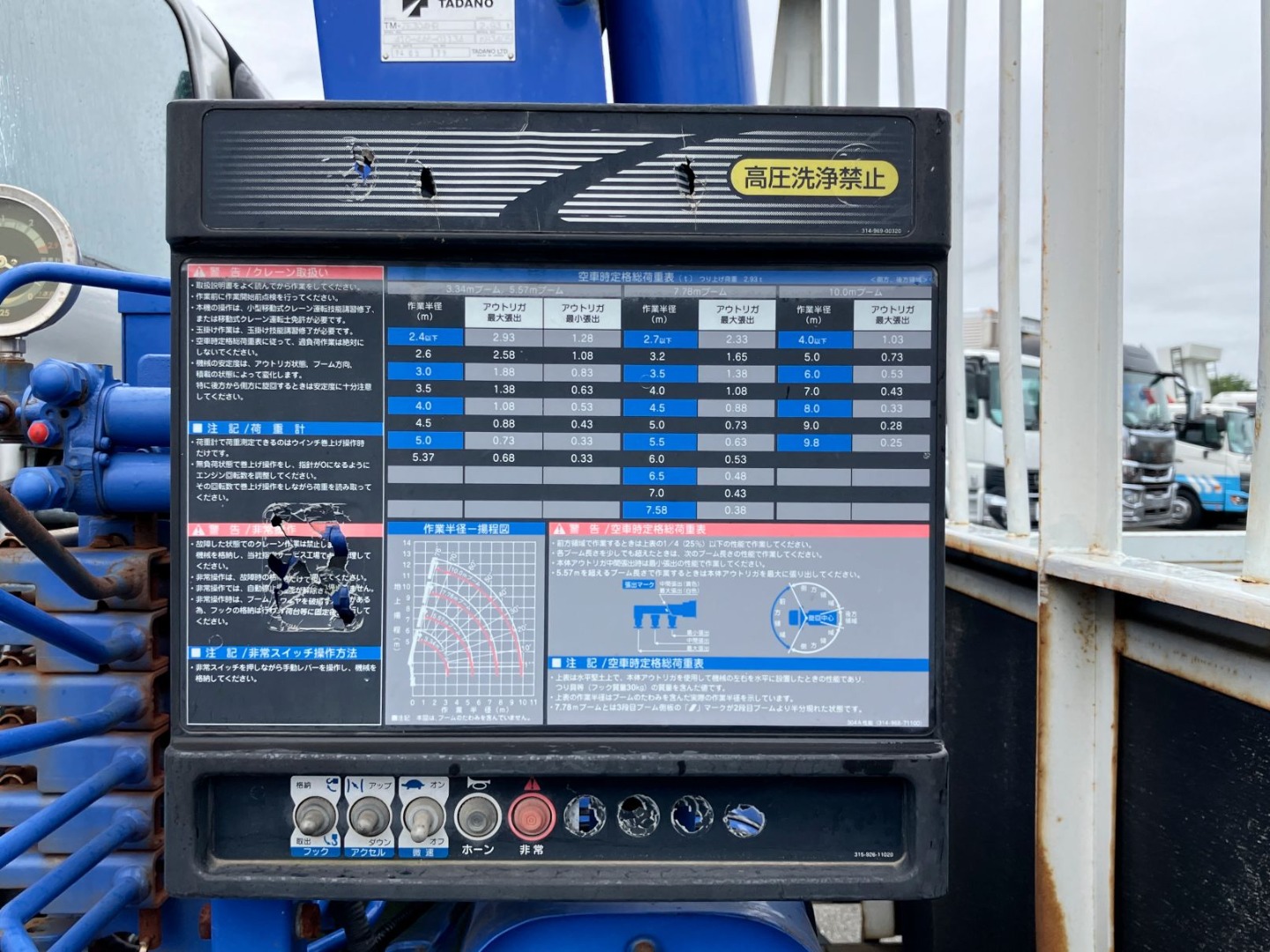クレーンの操作パネルです。シールに穴空きがあります|日野 レンジャー TKG-FC9JKAP(2WD)の写真19