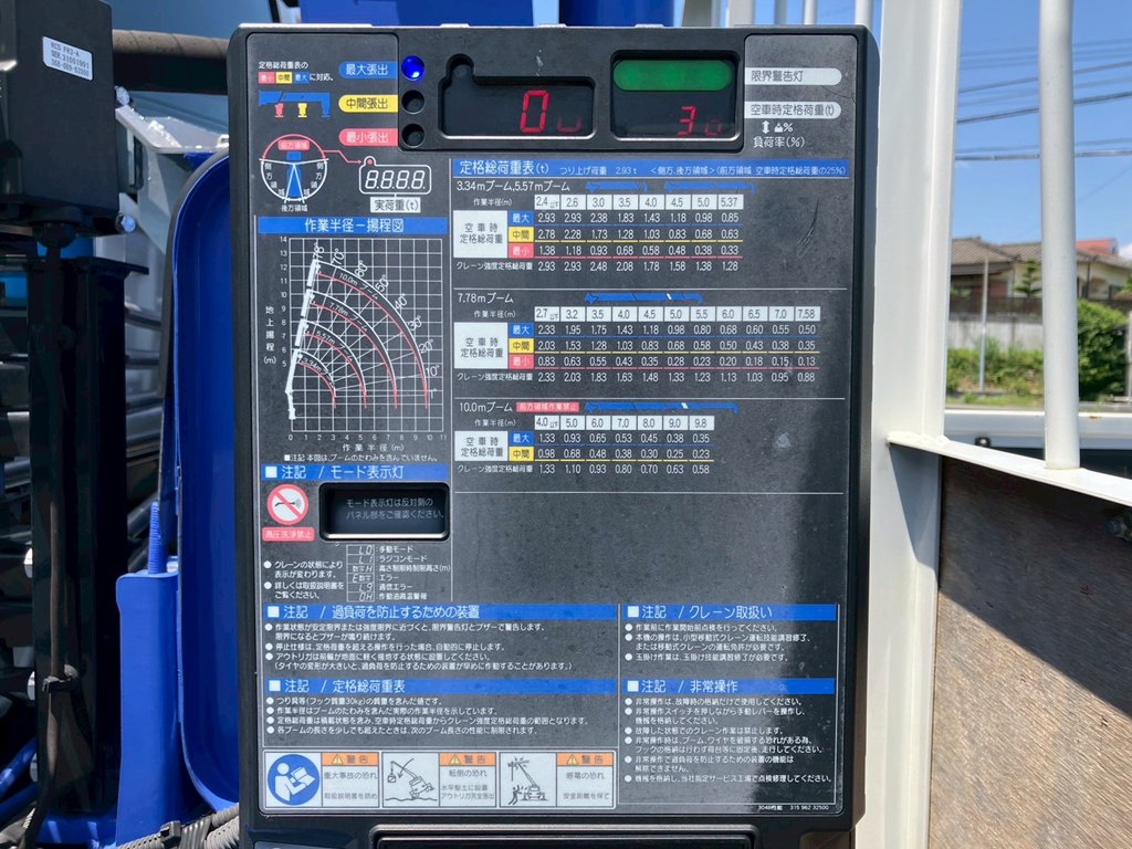 空車時定格荷重表 及び 作業半径ー揚程図です。|いすゞ フォワード 2PG-FRR90S2(2WD)の写真14