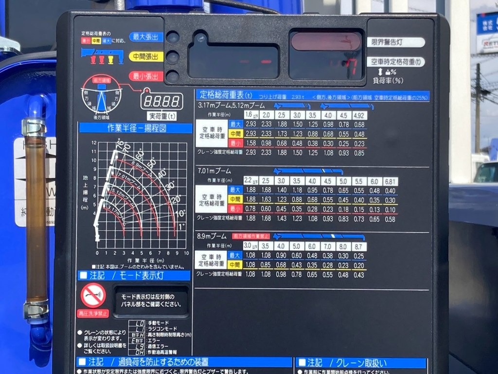 空車時定格荷重表 及び 作業半径ー揚程図です。|日野 デュトロ 2WG-XZU713M(2WD)の写真14