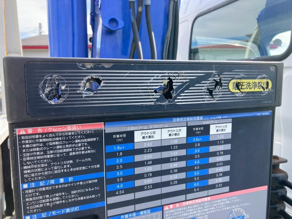 クレーンの操作盤に穴あき箇所があります。|日野 デュトロ TKG-XZU650M(2WD)の写真27