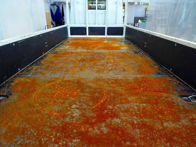 荷台内寸：434×179×38　三方開　床鉄板張り　埋め込みフック3対　左右セイコーラック　前立て鳥居アングル補強加工/枕木(ボルト止め)|三菱 キャンター 2PG-FGA50(4WD)の写真20